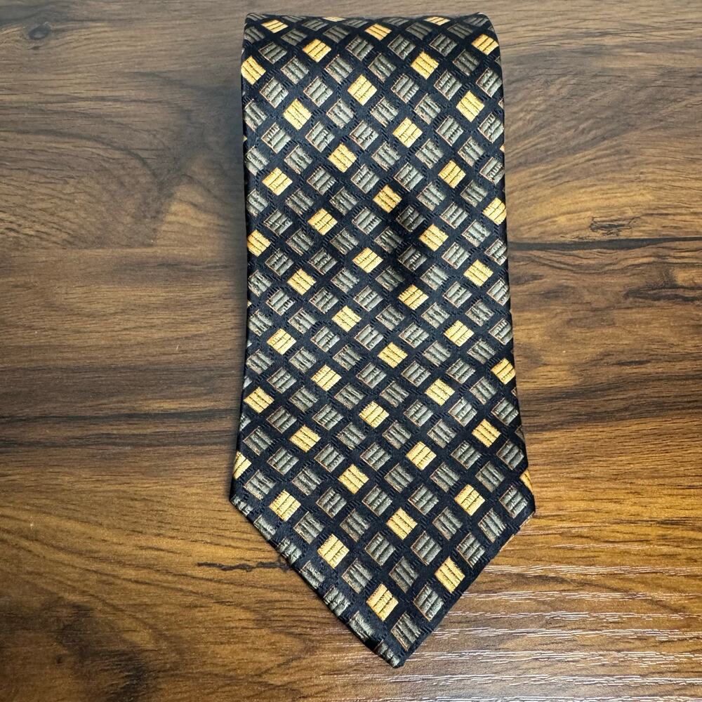Handsewn Tie By XMI For Nordstrom Black Gold Gray Silk 58” X 3.75”.